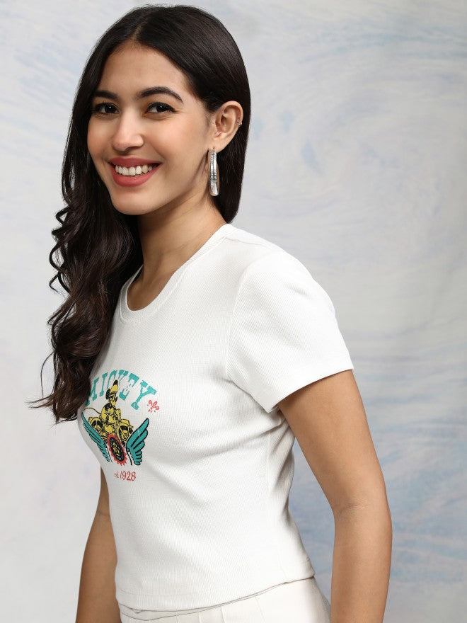 Disney By Tokyo Talkies Women White Mickey Mouse Printed Round Neck T-Shirt - White - Image 4