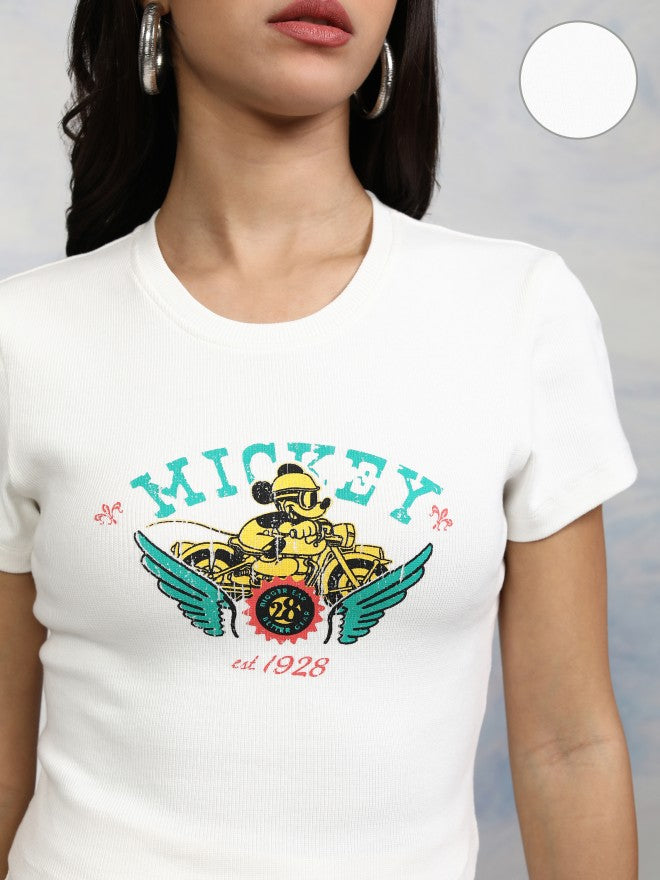Disney By Tokyo Talkies Women White Mickey Mouse Printed Round Neck T-Shirt - White - Image 5