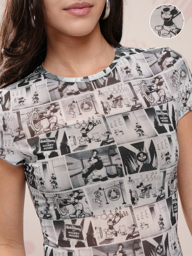 Disney By Tokyo Talkies Women Grey Mickey Mouse Printed Round Neck T-Shirt - Grey - Image 5
