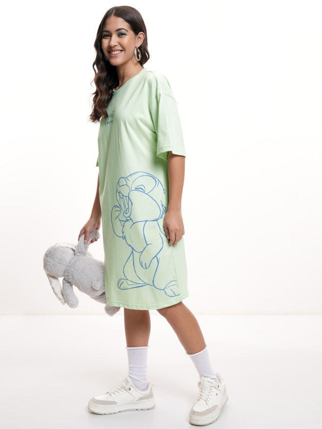 Disney By Tokyo Talkies Women Green Thumper Printed T-shirt Dress - Green - Image 2