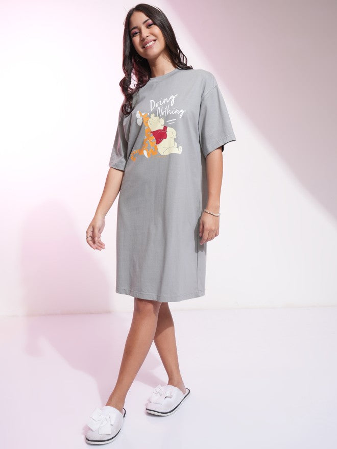Disney By Tokyo Talkies Women Grey Winnie The Pooh Printed T-Shirt Dress - Grey - Image 2