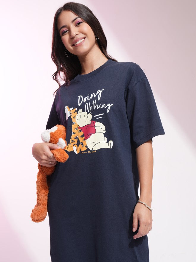 Disney By Tokyo Talkies Women Navy Blue Winnie The Pooh Printed T-Shirt Dress - Navy Blue - Image 1