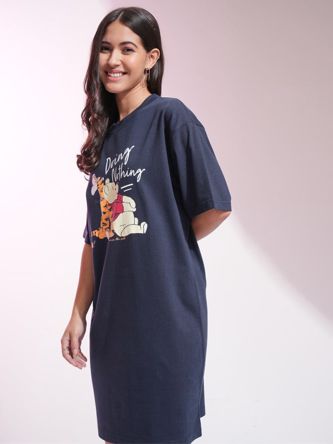 Disney By Tokyo Talkies Women Navy Blue Winnie The Pooh Printed T-Shirt Dress - Navy Blue - Image 4