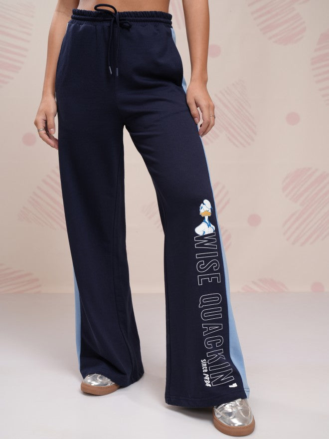 Disney By Tokyo Talkies Women Navy Blue Donald Duck Printed Flared Casual Trouser - Navy Blue - Image 1