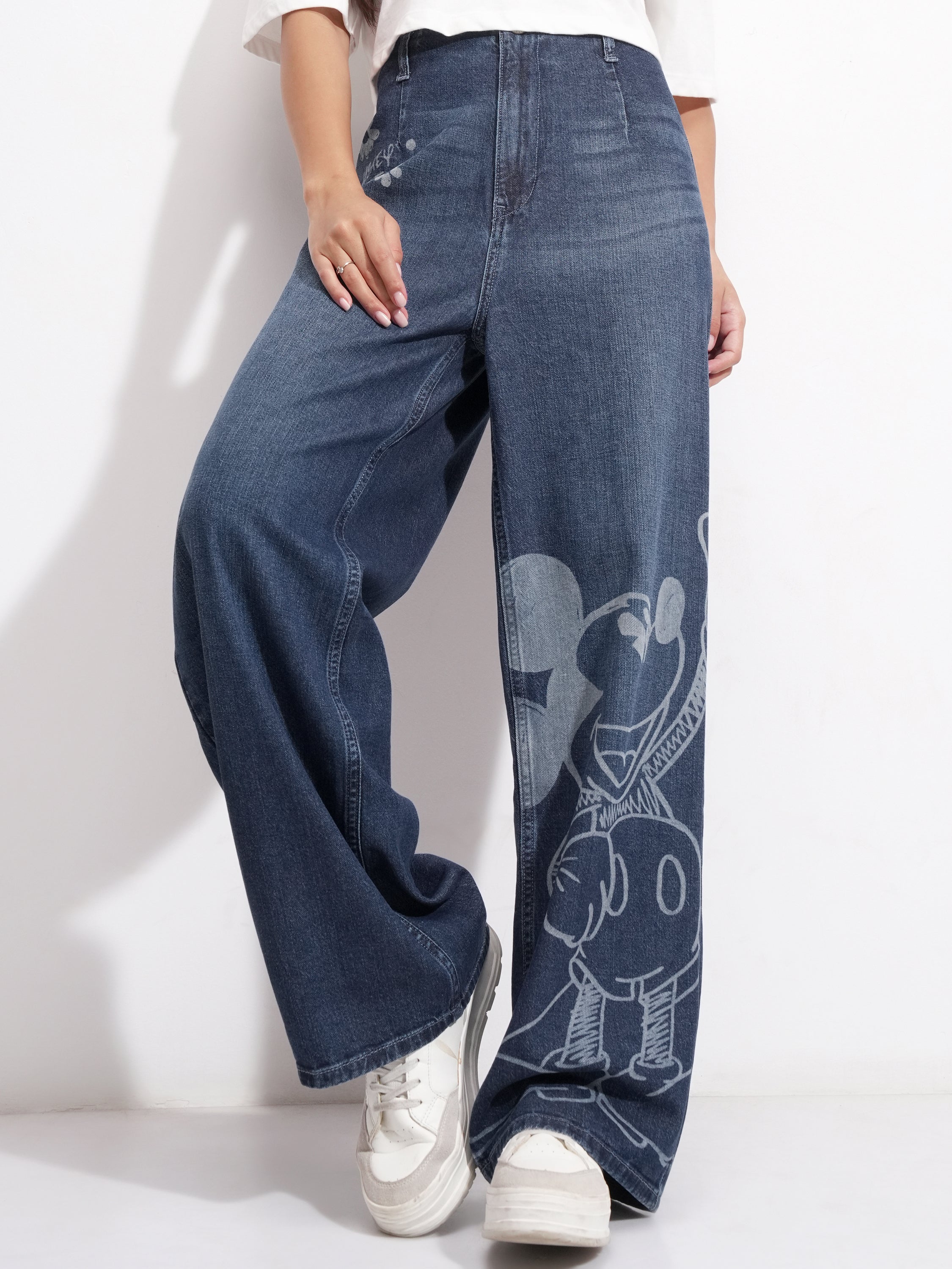 Disney By Tokyo Talkies Women Blue Mickey Mouse Wide Leg Stretchable Jeans - Blue - Image 1