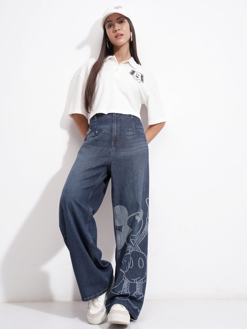 Disney By Tokyo Talkies Women Blue Mickey Mouse Wide Leg Stretchable Jeans - Blue - Image 2