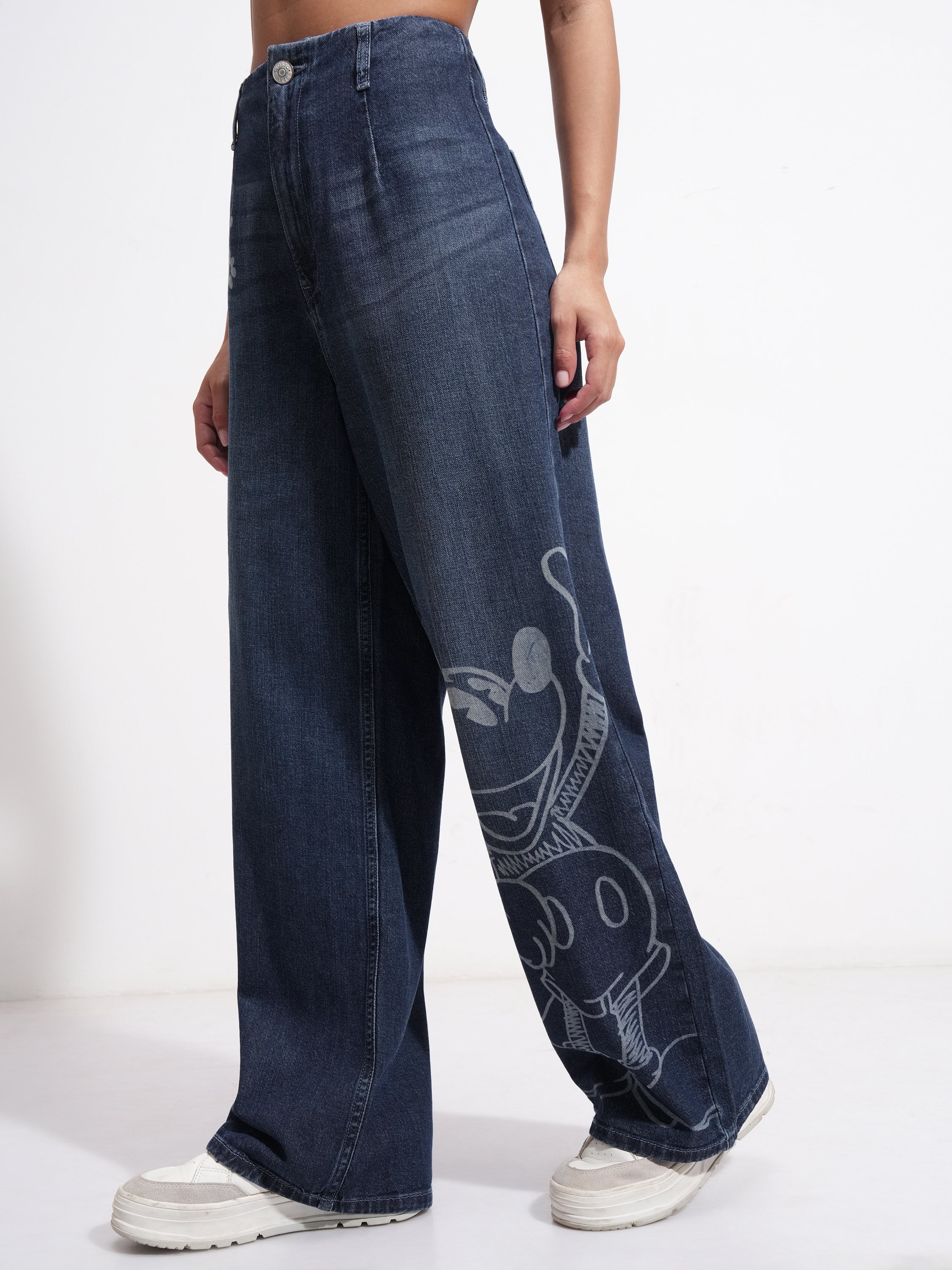 Disney By Tokyo Talkies Women Blue Mickey Mouse Wide Leg Stretchable Jeans - Blue - Image 4