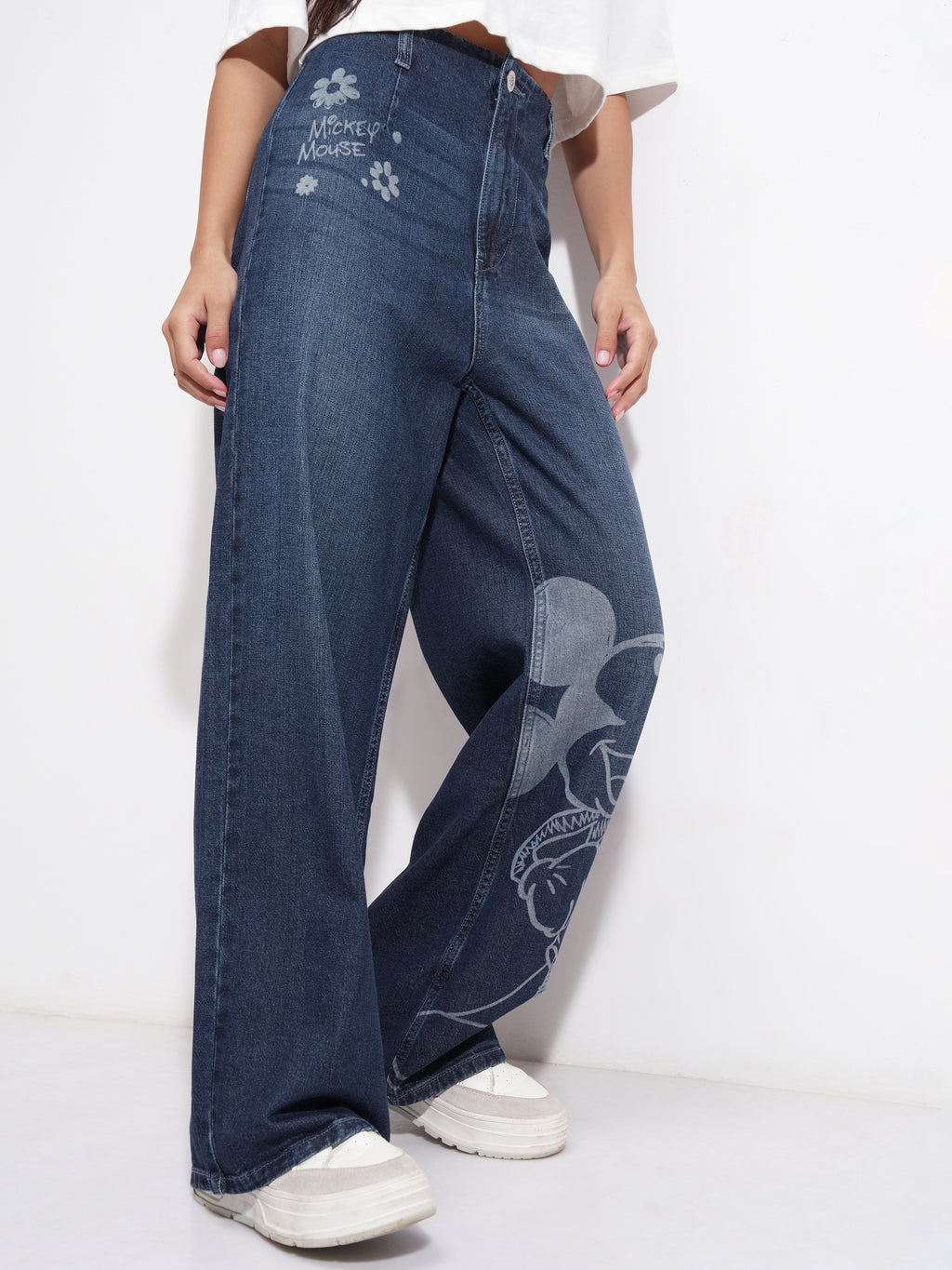 Disney By Tokyo Talkies Women Blue Mickey Mouse Wide Leg Stretchable Jeans - Blue - Image 6