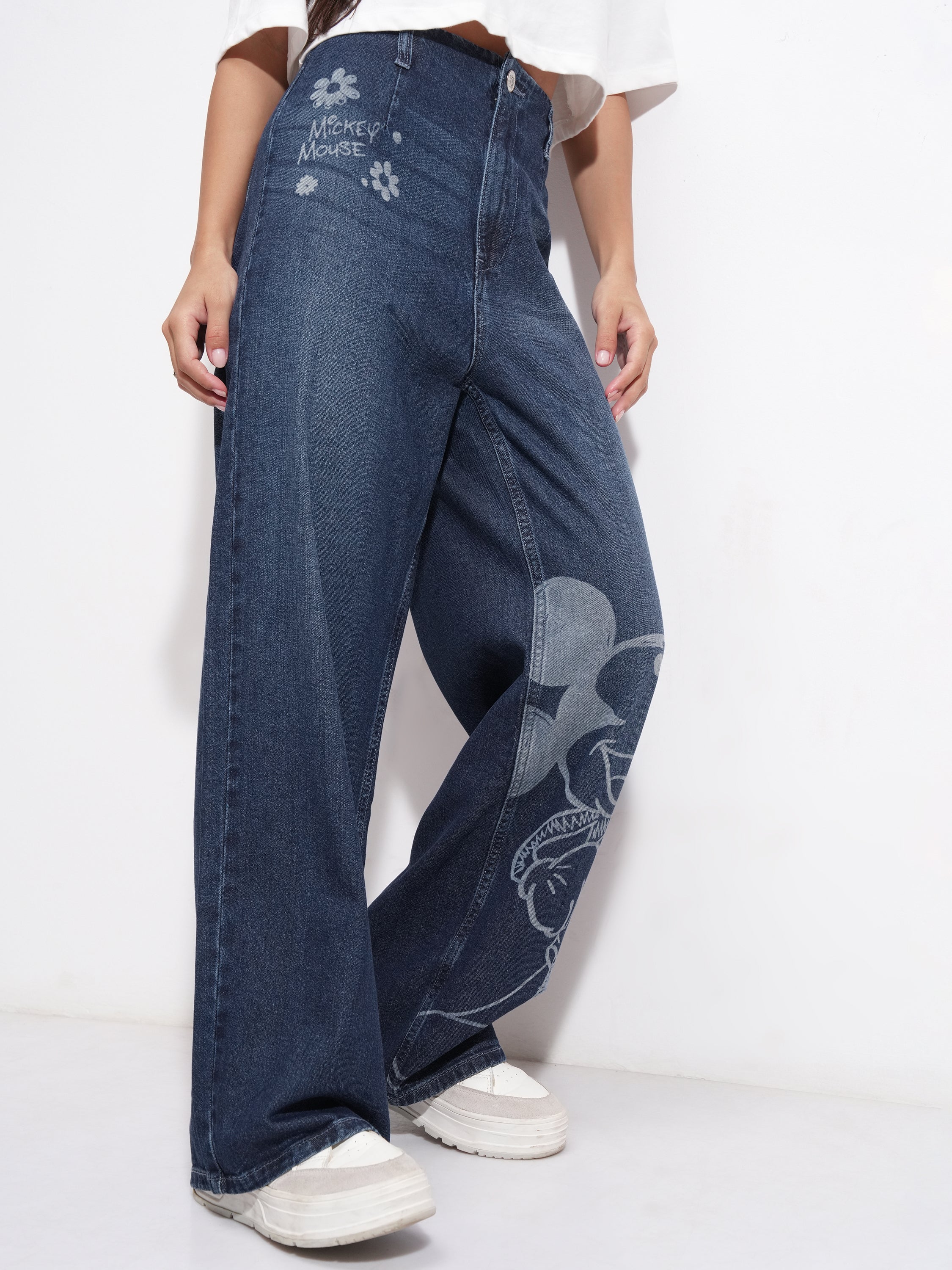 Disney By Tokyo Talkies Women Blue Mickey Mouse Wide Leg Stretchable Jeans - Blue - Image 6