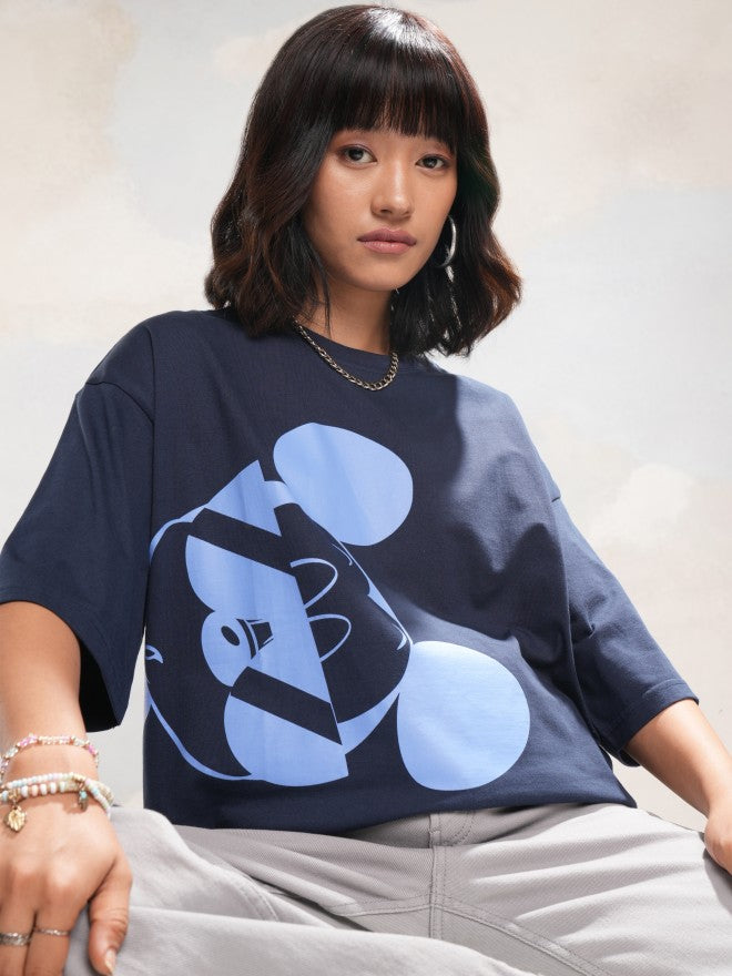 Disney By Tokyo Talkies Women Navy Blue Mickey Mouse Printed Round Neck T-Shirt - Navy Blue - Image 7