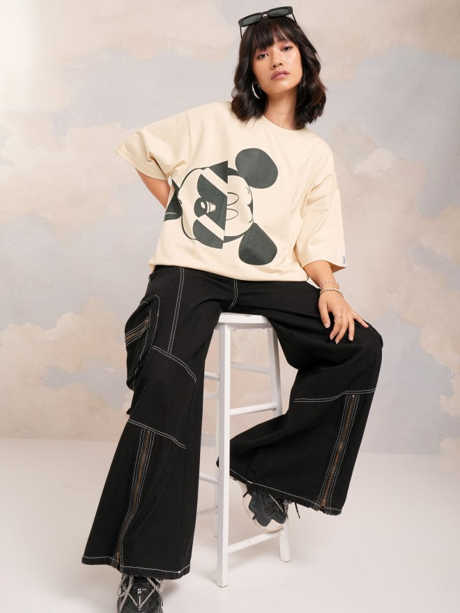 Disney By Tokyo Talkies Women Beige Mickey Mouse Printed Round Neck T-Shirt - Beige - Image 2
