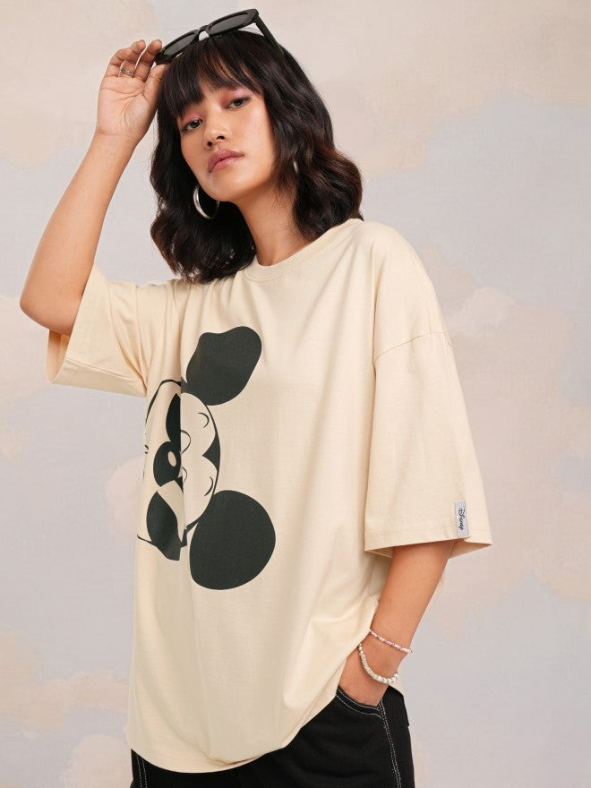 Disney By Tokyo Talkies Women Beige Mickey Mouse Printed Round Neck T-Shirt - Beige - Image 4