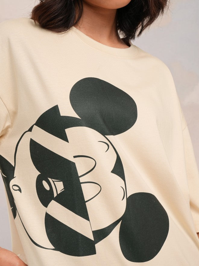 Disney By Tokyo Talkies Women Beige Mickey Mouse Printed Round Neck T-Shirt - Beige - Image 5
