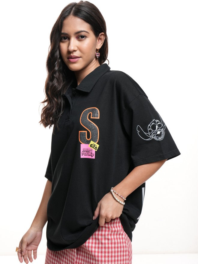 Disney By Tokyo Talkies Women Black Stitch Printed Polo Collar Oversized Fit T-Shirt - Black - Image 4