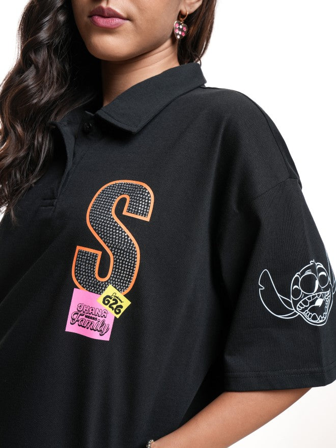 Disney By Tokyo Talkies Women Black Stitch Printed Polo Collar Oversized Fit T-Shirt - Black - Image 5