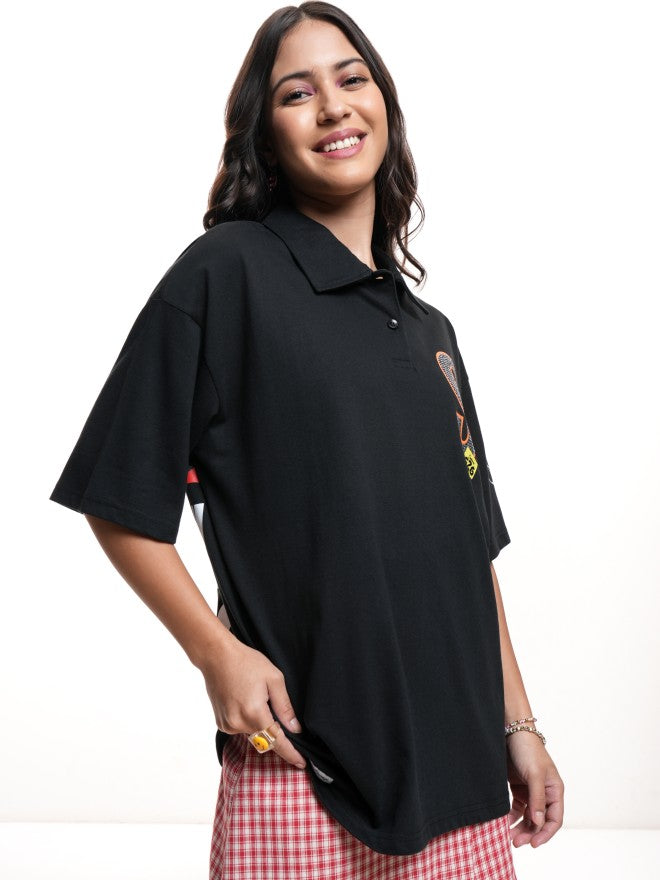 Disney By Tokyo Talkies Women Black Stitch Printed Polo Collar Oversized Fit T-Shirt - Black - Image 6