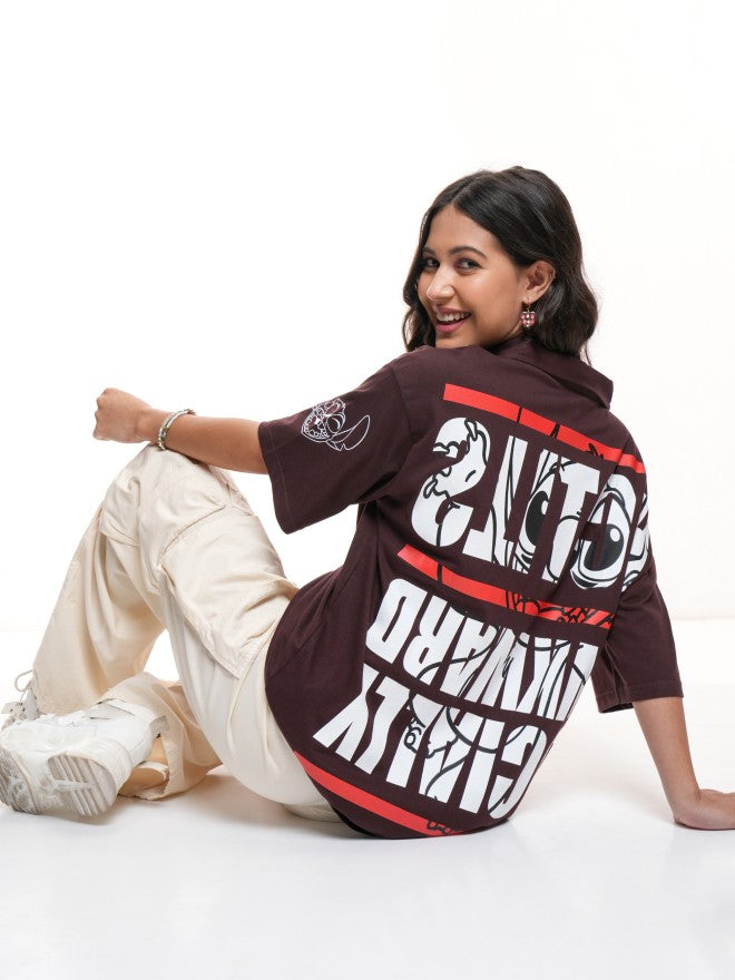 Disney By Tokyo Talkies Women Brown Stitch Printed Polo Collar Oversized Fit T-Shirt - Brown - Image 2