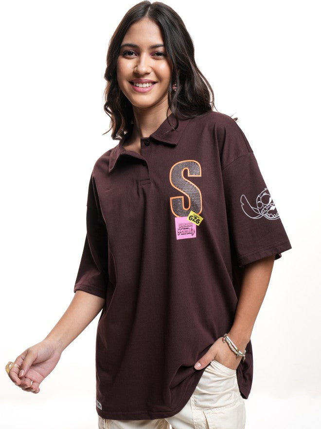 Disney By Tokyo Talkies Women Brown Stitch Printed Polo Collar Oversized Fit T-Shirt - Brown - Image 3