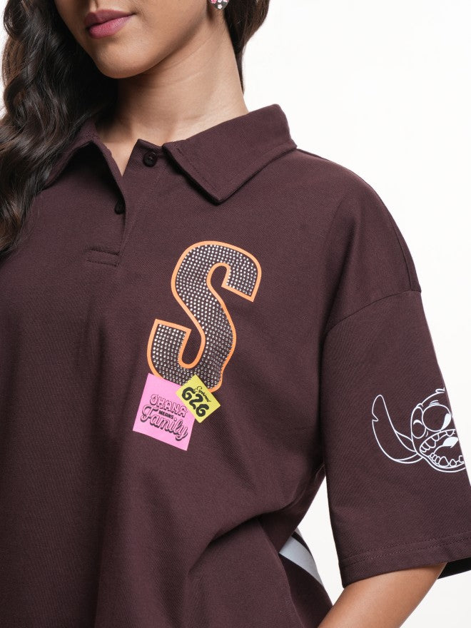 Disney By Tokyo Talkies Women Brown Stitch Printed Polo Collar Oversized Fit T-Shirt - Brown - Image 5