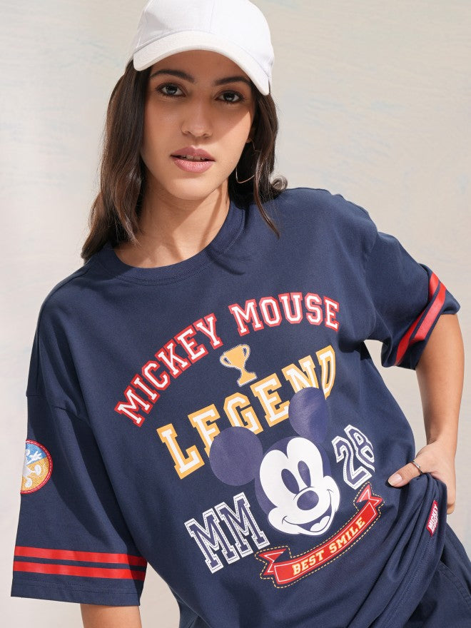 Disney By Tokyo Talkies Women Navy Blue Mickey Mouse Printed Round Neck T-Shirt - Navy Blue - Image 1
