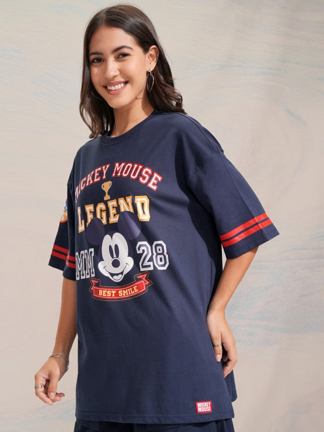 Disney By Tokyo Talkies Women Navy Blue Mickey Mouse Printed Round Neck T-Shirt - Navy Blue - Image 4