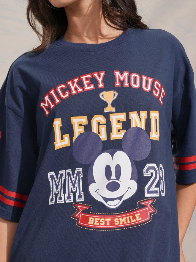 Disney By Tokyo Talkies Women Navy Blue Mickey Mouse Printed Round Neck T-Shirt - Navy Blue - Image 5