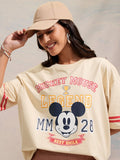 Disney By Tokyo Talkies Women Beige Mickey Mouse Printed Round Neck T-Shirt - Beige - Image 1