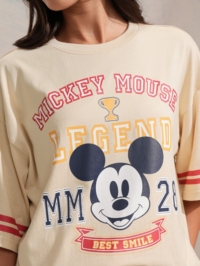 Disney By Tokyo Talkies Women Beige Mickey Mouse Printed Round Neck T-Shirt - Beige - Image 5