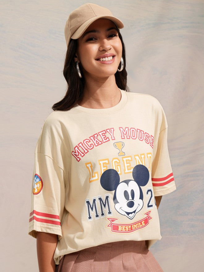 Disney By Tokyo Talkies Women Beige Mickey Mouse Printed Round Neck T-Shirt - Beige - Image 6