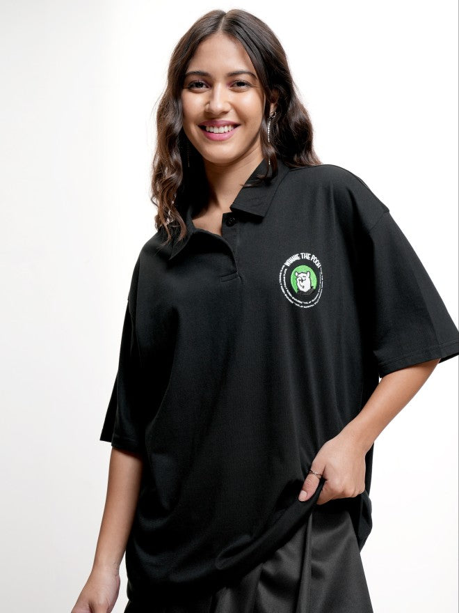 Disney By Tokyo Talkies Women Black Winnie The Pooh Printed Polo Collar T-Shirt - Black - Image 3