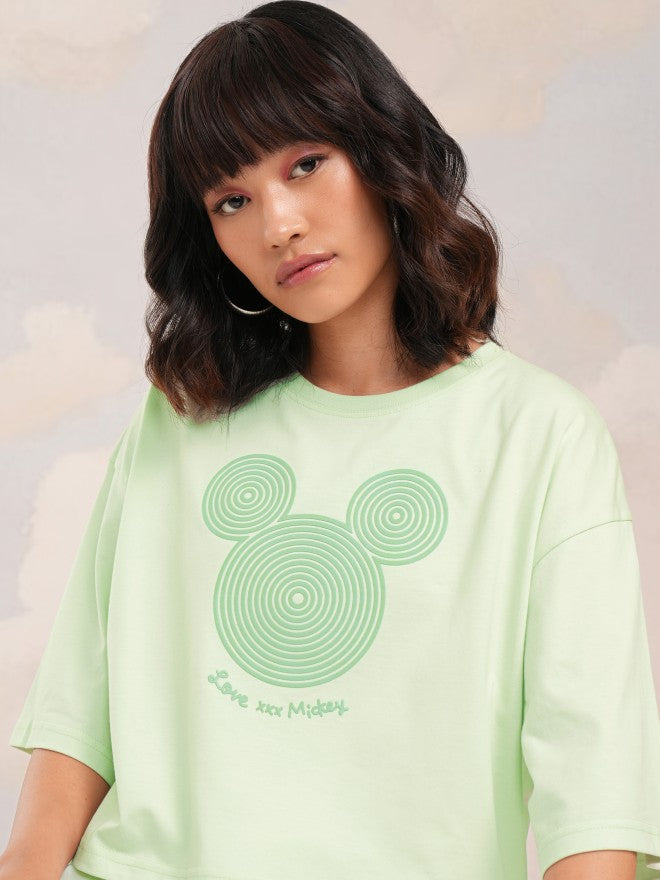 Disney By Tokyo Talkies Women Green Mickey Mouse Printed Round Neck T-Shirt - Green - Image 1