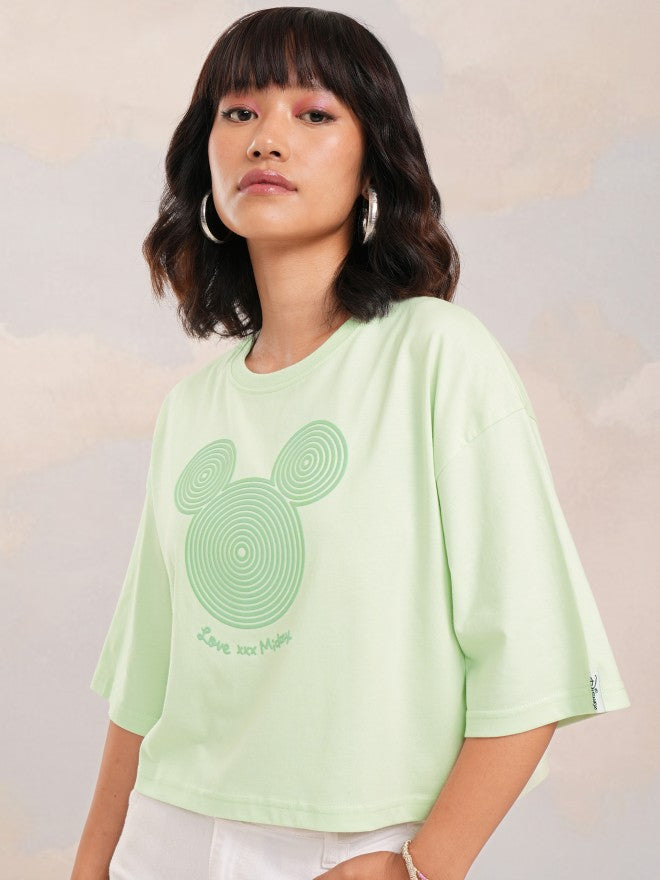 Disney By Tokyo Talkies Women Green Mickey Mouse Printed Round Neck T-Shirt - Green - Image 4