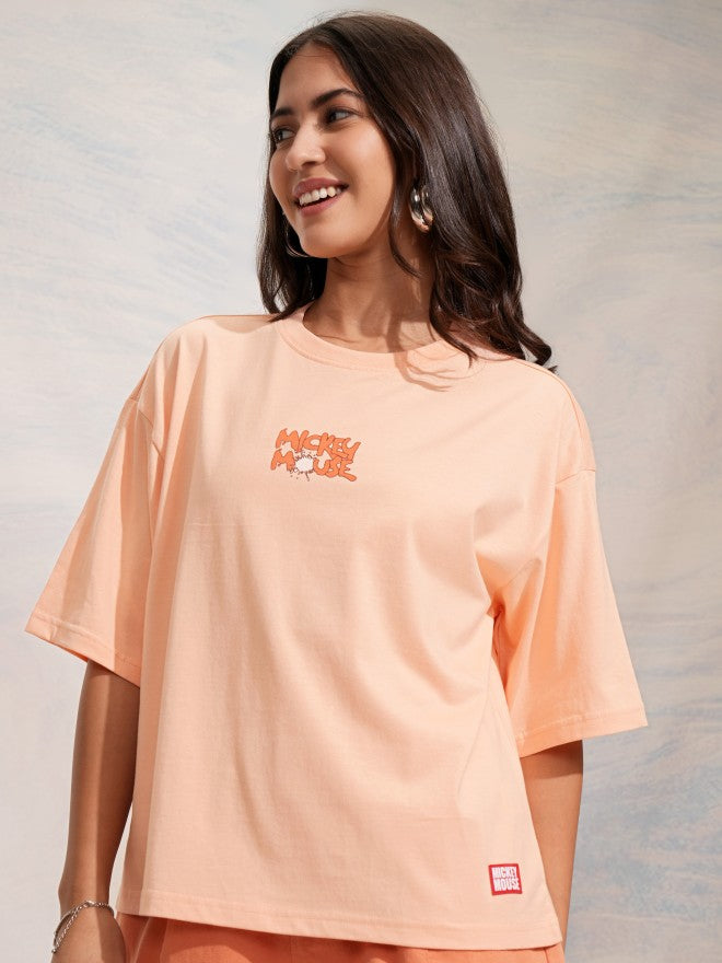 Disney By Tokyo Talkies Women Peach Mickey Mouse Printed Round Neck T-Shirt - Peach - Image 4