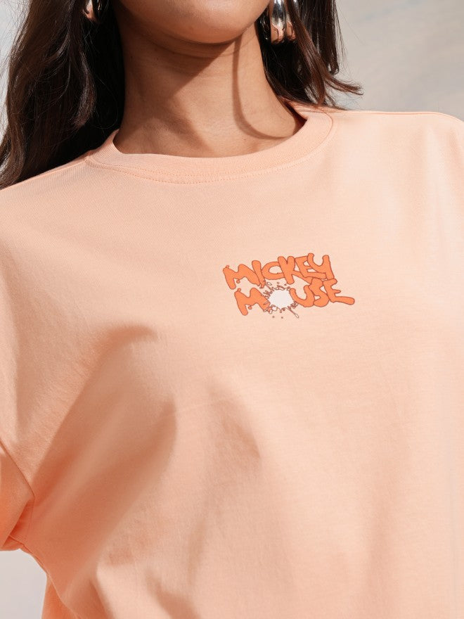 Disney By Tokyo Talkies Women Peach Mickey Mouse Printed Round Neck T-Shirt - Peach - Image 5