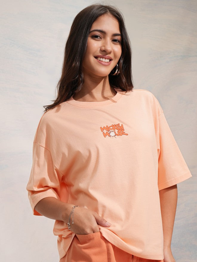 Disney By Tokyo Talkies Women Peach Mickey Mouse Printed Round Neck T-Shirt - Peach - Image 6