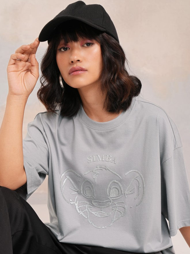 Disney By Tokyo Talkies Women Grey Simba Printed Round Neck T-Shirt - Grey - Image 1