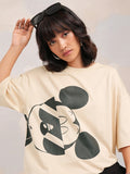 Disney By Tokyo Talkies Women Beige Mickey Mouse Printed Round Neck T-Shirt - Beige - Image 1
