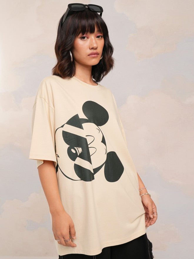 Disney By Tokyo Talkies Women Beige Mickey Mouse Printed Round Neck T-Shirt - Beige - Image 6