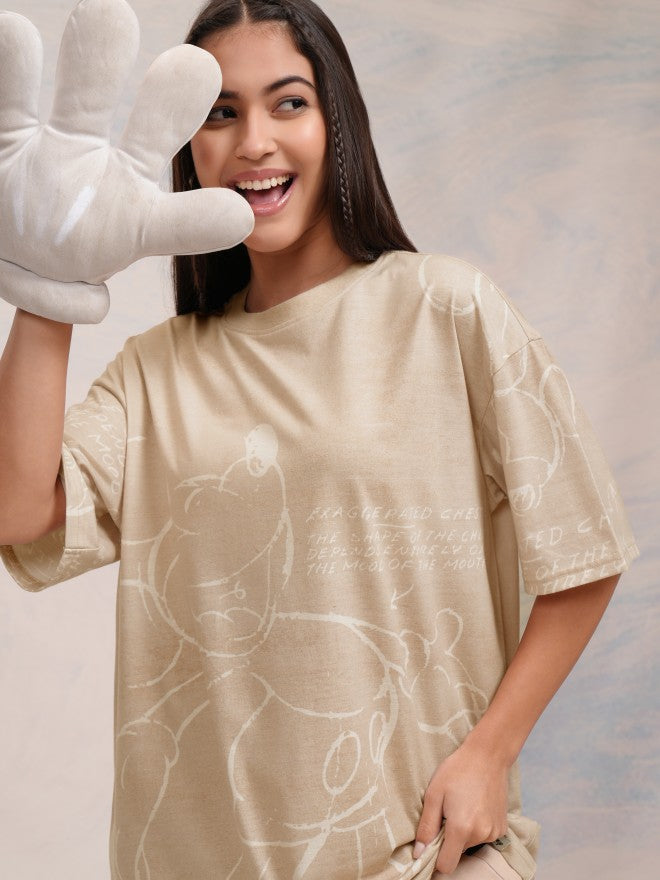 Disney By Tokyo Talkies Women Beige Mickey Mouse Printed Round Neck T-Shirt - Beige - Image 1