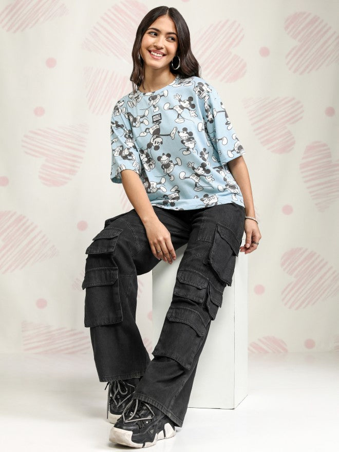 Disney By Tokyo Talkies Women Blue Mickey Mouse Printed Round Neck T-Shirt - Blue - Image 2