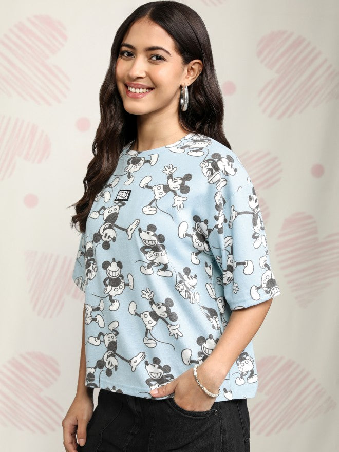 Disney By Tokyo Talkies Women Blue Mickey Mouse Printed Round Neck T-Shirt - Blue - Image 4