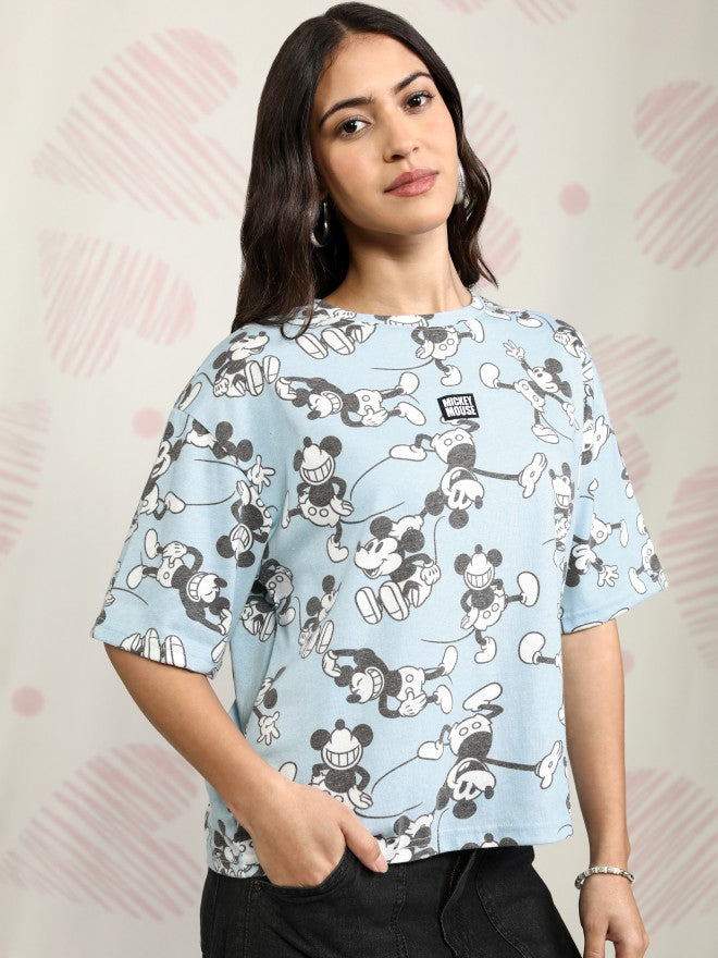 Disney By Tokyo Talkies Women Blue Mickey Mouse Printed Round Neck T-Shirt - Blue - Image 6