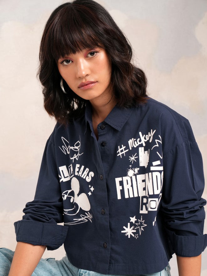 Disney By Tokyo Talkies Women Navy Blue Mickey Mouse Printed Casual Shirt - Navy Blue - Image 1