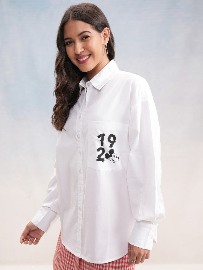 Disney By Tokyo Talkies Women White Mickey Mouse Printed Casual Shirt - White - Image 4