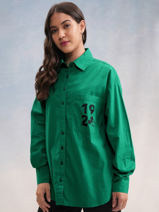 Disney By Tokyo Talkies Women Green Mickey Mouse Printed Casual Shirt - Green - Image 4