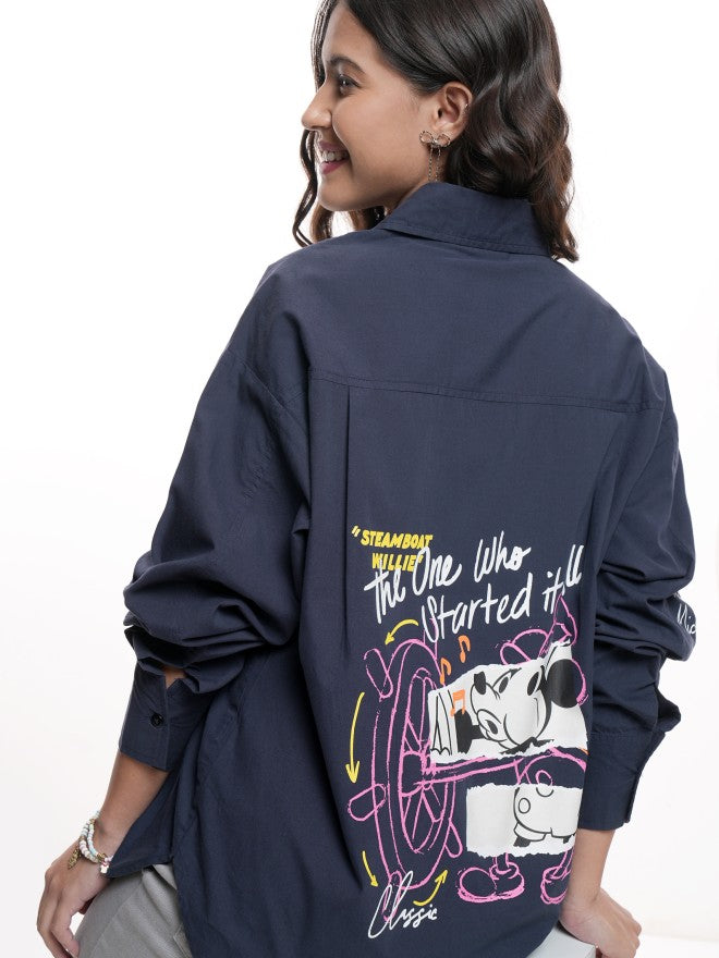 Disney By Tokyo Talkies Women Navy Blue Mickey Mouse Printed Casual Shirt - Navy Blue - Image 1