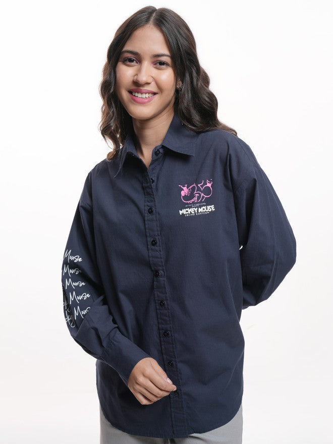 Disney By Tokyo Talkies Women Navy Blue Mickey Mouse Printed Casual Shirt - Navy Blue - Image 3