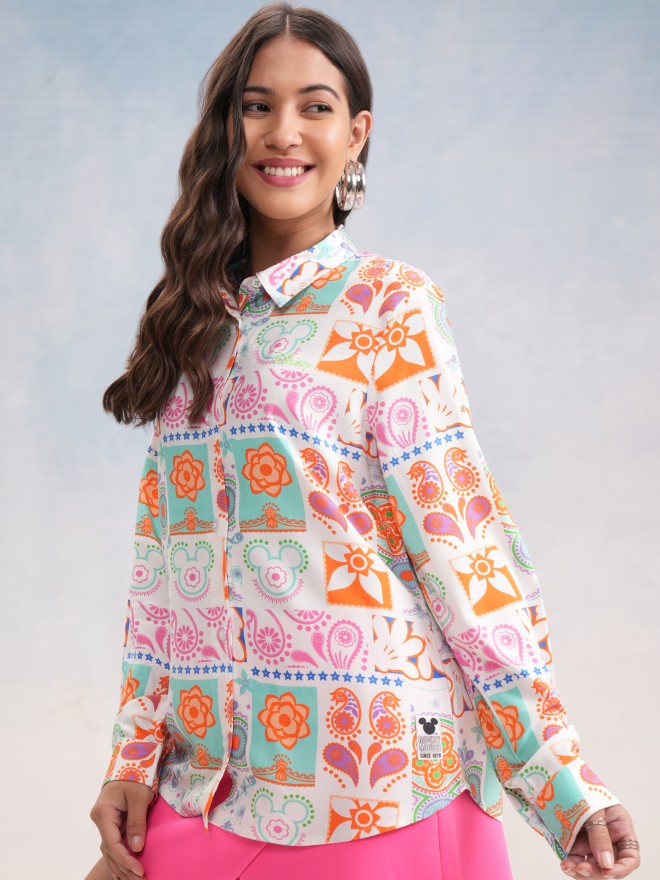 Disney By Tokyo Talkies Women White Mickey Mouse Printed Casual Shirt - White - Image 4