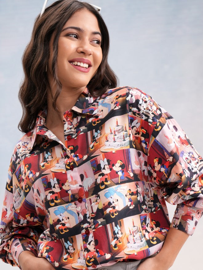 Disney By Tokyo Talkies Women Brown Mickey And Friends Printed Casual Shirt - Brown - Image 1