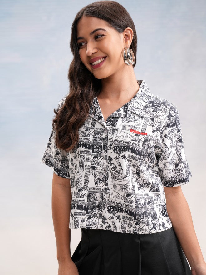Marvel By Tokyo Talkies Women White Spider-Man Printed Casual Shirt - White - Image 4